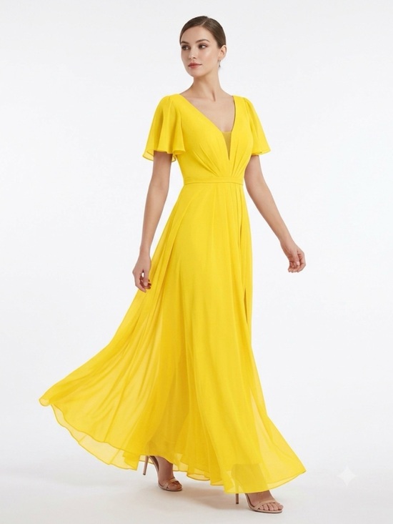Lavetir Dresses & Skirts - LAVETIR Yellow Maxi Dress Medium Flutter Sleeve Plunge Formal Wedding Guest